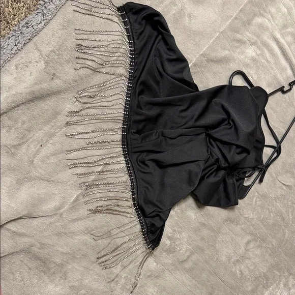 SHEIN Black Mini Dress with Silver Beaded Fringe - Picture 3 of 5